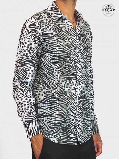 chemise Léopard en coton motif animal zèbre manches longues, chemise fantaisie, chemise originale homme