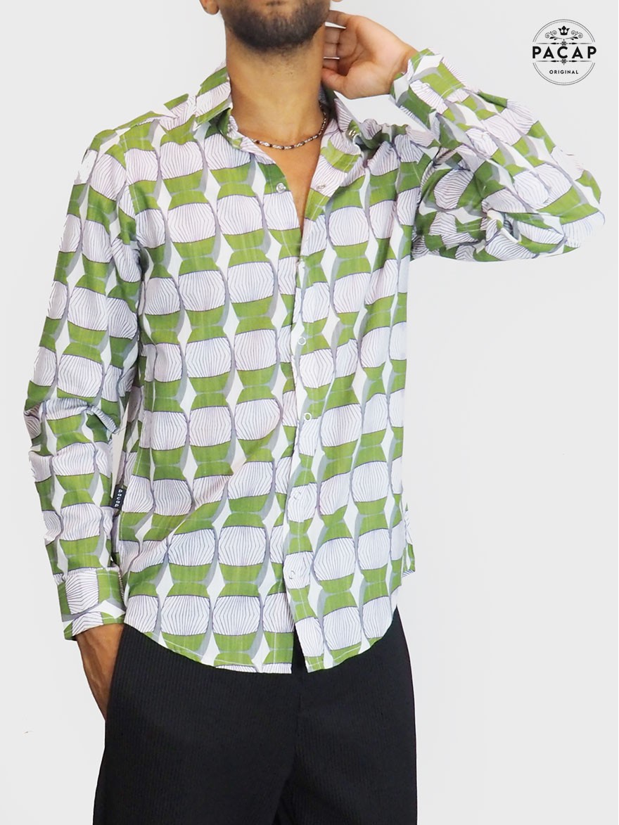 grossiste chemise vintage France manches longues bouton pression coton chemise verte africaine homme