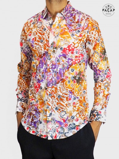 chemise vintage rétro originale multicolore motif abstrait, chemise multicolore, chemise colorée