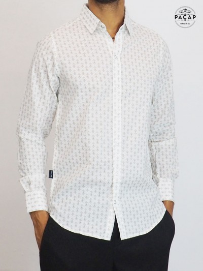 chemise classique blanche micro-motif à manche longues bouton métallique