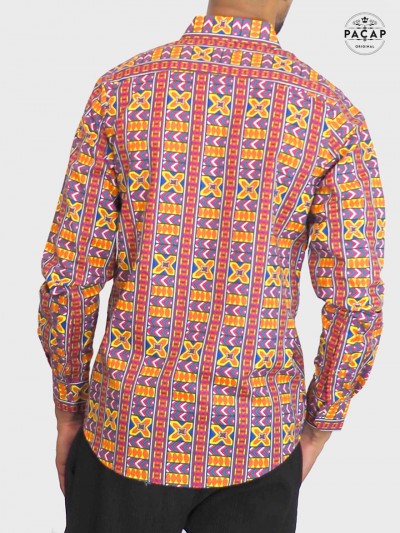 chemise homme colorée, chemise originale, manche longue, coton imprimé, bouton pression, chemise aztèque ethnique