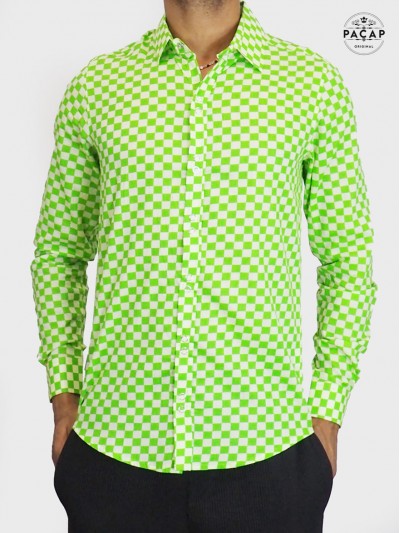 chemise rétro verte, chemise homme a carreaux vert, chemise damiers, chemise cintrée  en coton