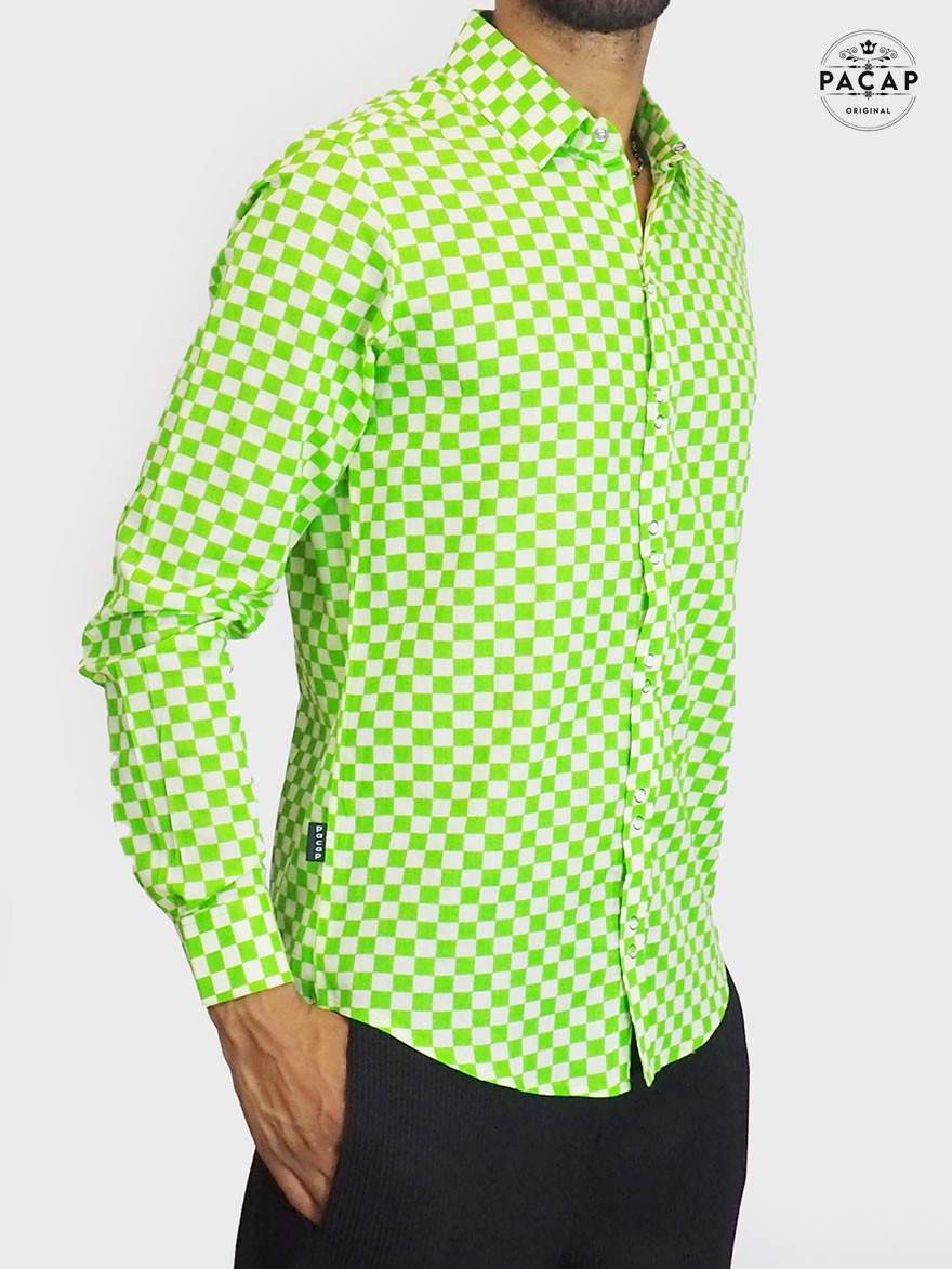 chemise verte a carreaux, manche longue, bouton pression, imprimée, chemise pas cher, chemise flashy