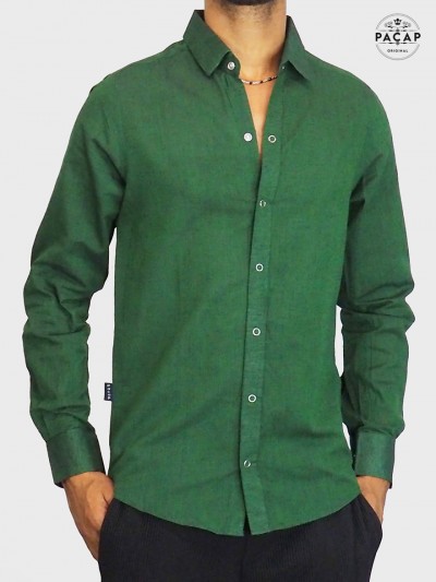 chemise vert foncé, chemise unie, chemise habillée, bouton pression, chemise coton, chemise formelle, pas cher