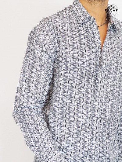 chemise blanche imprimée pour homme, chemise ethnique noire et blanche, chemise cintrée