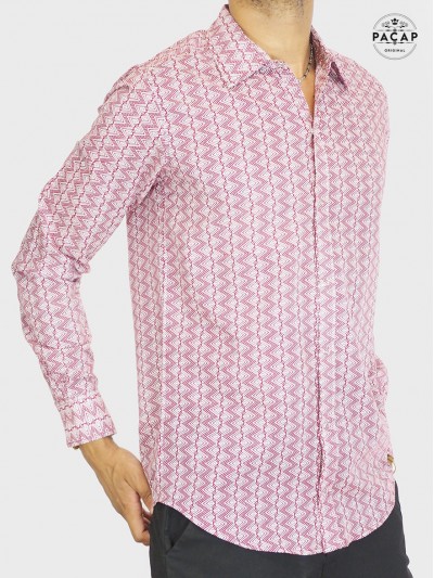 chemise chevron rose manche longue, chemise homme bouton pression, chemise rose manche longue