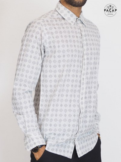 chemise blanche classe imprimée losange gris a bouton pression coton imprimé marque francaise