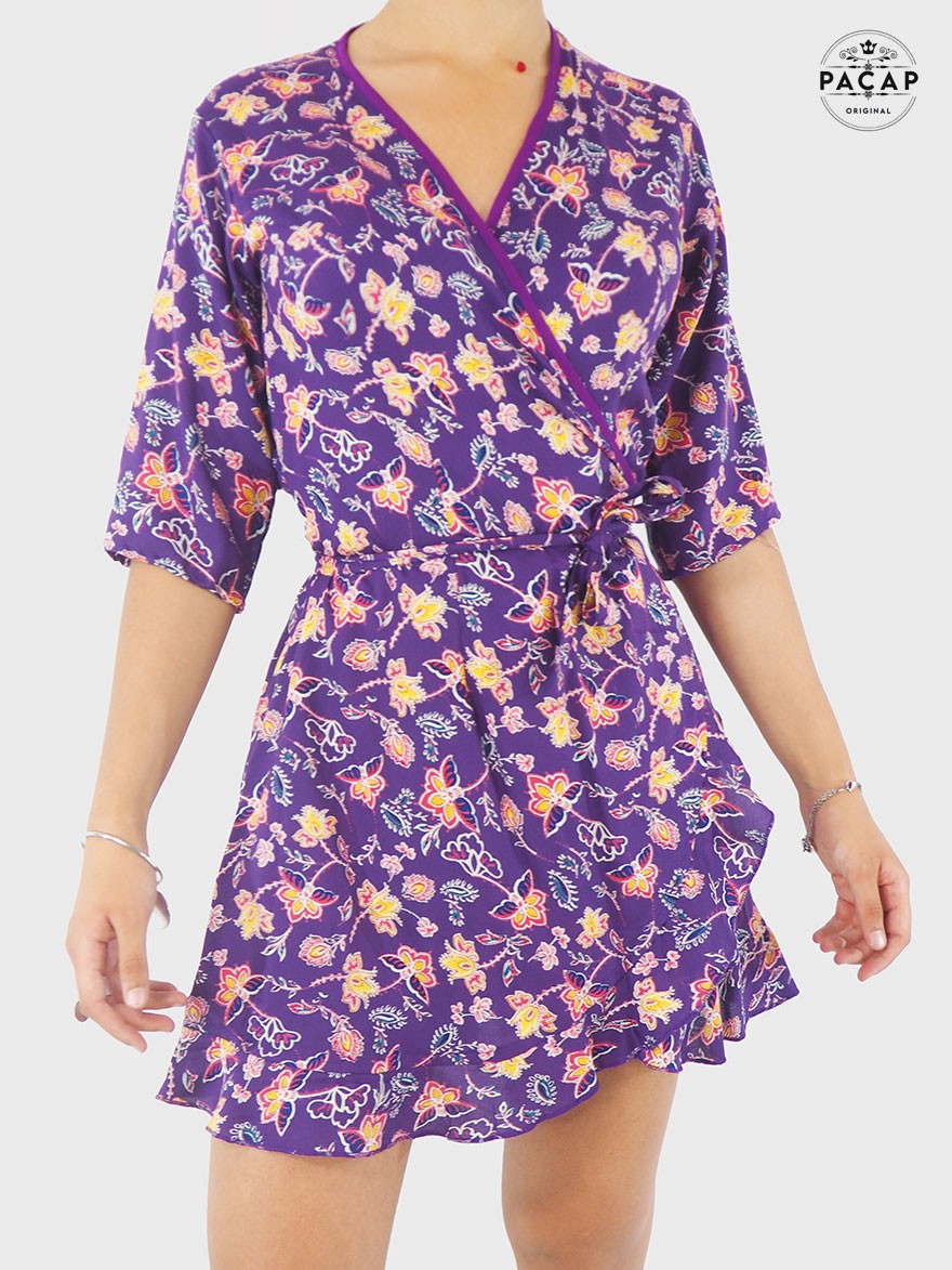 robe portefeuille femme, robe courte femme, robe bleue, robe femme, robe cache coeur femme, robe violette à nouer