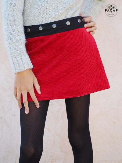 jupe velours rouge pour fille, jupe cotelé, jupe hiver, jupe automne a collant, jupe epaisse, jupe fendue