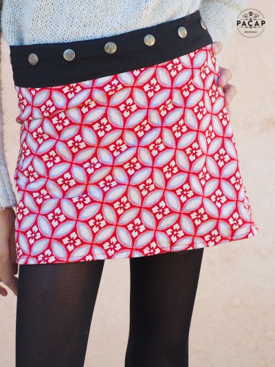 mini jupe fille, jupe blanche a motif rouge imprimé block print