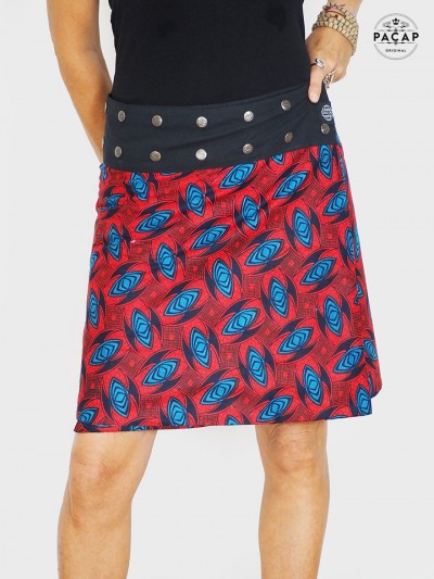 jupe portefeuille rouge coton imprimé pour femme motif ethnique bleu femme jupe trapèze rouge évasée boutonnée