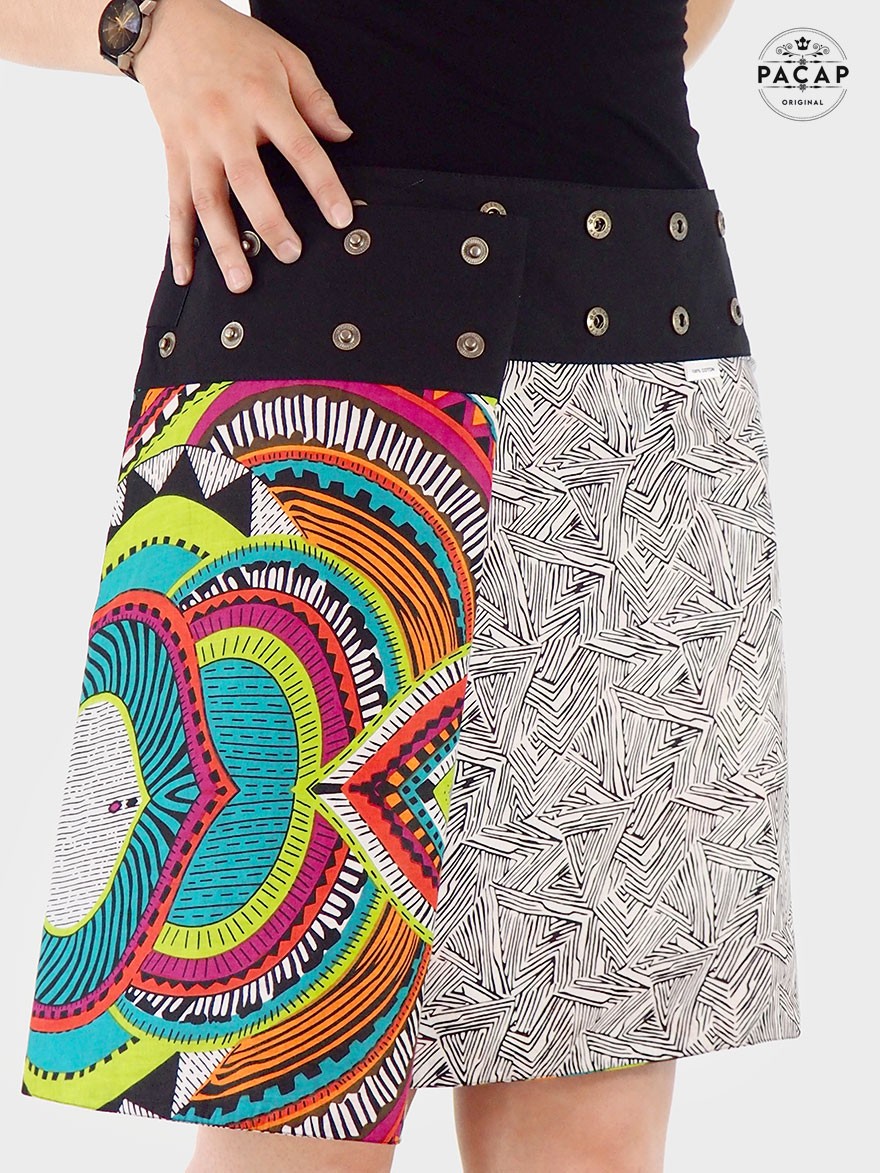 jupe ethnique réversible, jupe en coton motif imprimé, jupe avec fente, jupe azteque, jupe wax africaine