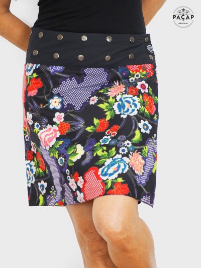 jupe noire à fleurs pour femme, jupe coton ceinture large a boutons, jupe genoux