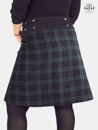 jupe tartan velours, jupe ecoassaise, jupe à carreaux noir et gris, jupe évasée, jupe quadrillée