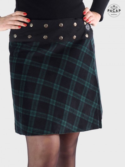 jupe tartan noire, jupe a carreaux vert, jupe femme , jupe velours, jupe droite d'hiver