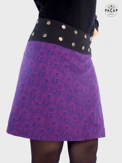 jupe motif plus paon, jupe evasée boutonnée, jupe femme, jupe mauve, jupe hiver