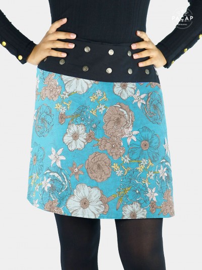 jupe turquoise a fleurs, jupe florale femme, jupe droite d'hiver avec collant