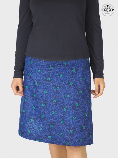 jupe longue noire femme coupe droite motif ethnique imprimé mandala bleue