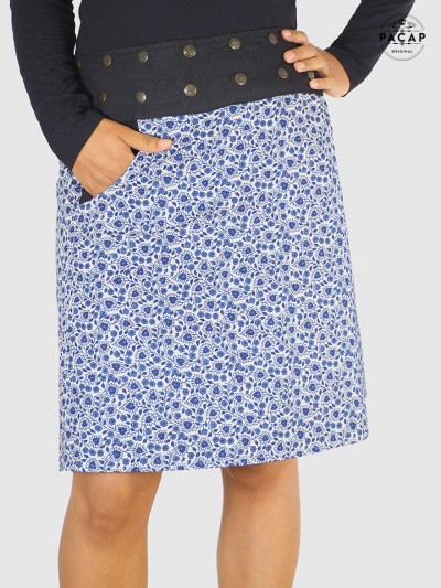 Jupe longue droite motif liberty petites Fleurs bleues