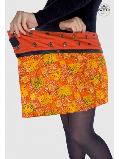 mini jupe orange motif ethnique aborigène ikat enveloppante