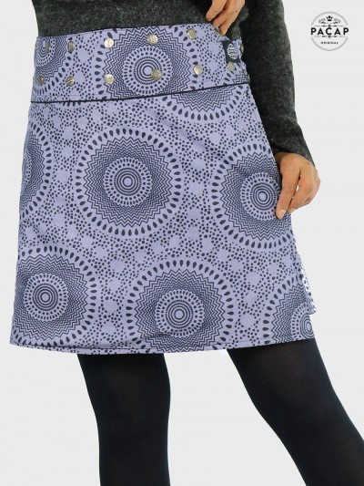 jupe ethnique bleue motif mandala en coton ceinture passepoil, jupe réversible portefeuille