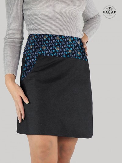 Jupe genoux Trapèze femme en Jean noir Réversible Boutonnée Devant - BERBERIS