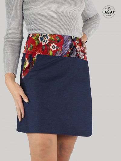 Jupe genoux Droite en Jean bleu Réversible Coton Rouge à Fleurs - KABOSU