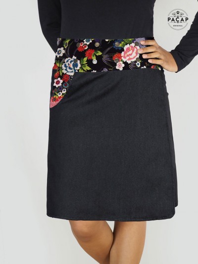 jupe longue jean noir motif floral sakura japonais