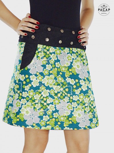 jupe verte motif floral, jupe liberty femme, jupe champetre, jupe boutonnée, jupe portefeuille réversible
