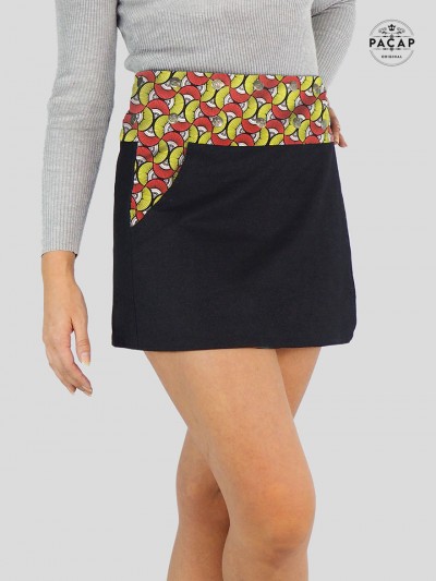 mini jupe taille ajusatble jean noir africaine motif pagne wax
