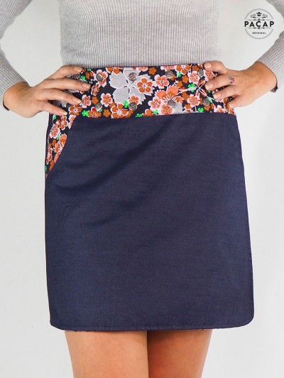 Jupe Orange en Jean avec Poches Taille Haute Coupe Droite large ceinture noire boutonnée marque française responsable