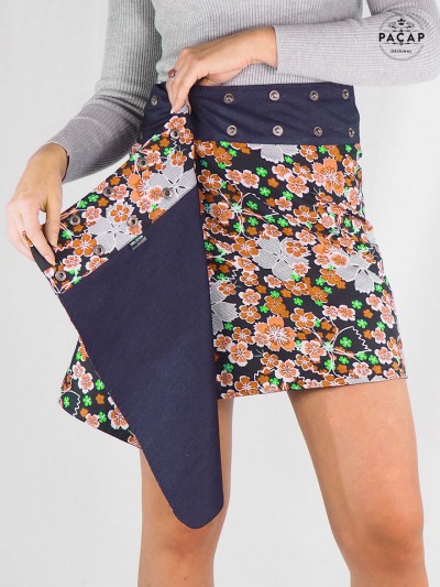 jupe jean portefeuille réversible femme motif fleurs orange