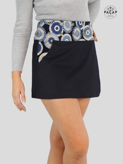 jupe patineuse jean noir, jupe tennis avec poche, jupe mandala bleu, jupe taille unique femme