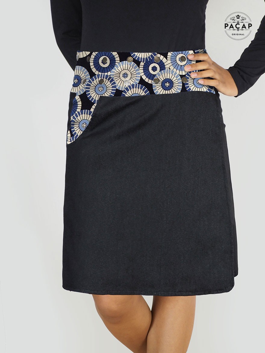 jupe droite jean noir, jupe maxi avec poche, jupe mandala bleu, jupe taille unique femme