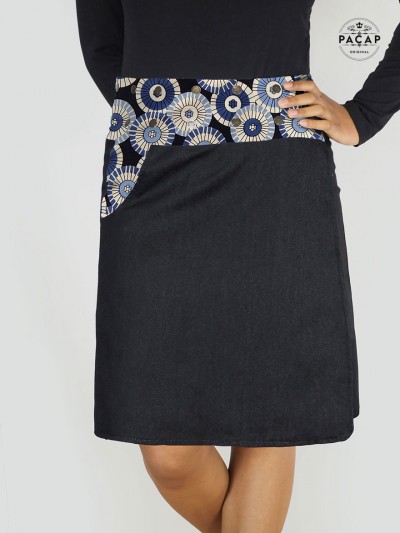 jupe droite jean noir, jupe maxi avec poche, jupe mandala bleu, jupe taille unique femme