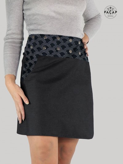 jupe droite en jean noir grande taille motif à pois