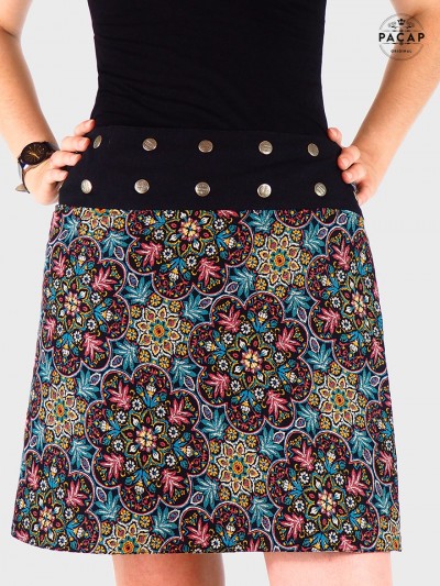 Jupe rayonne à bouton pression motif bohème florale, ceinture boutonnée devant, jupe été à fleurs pour femme