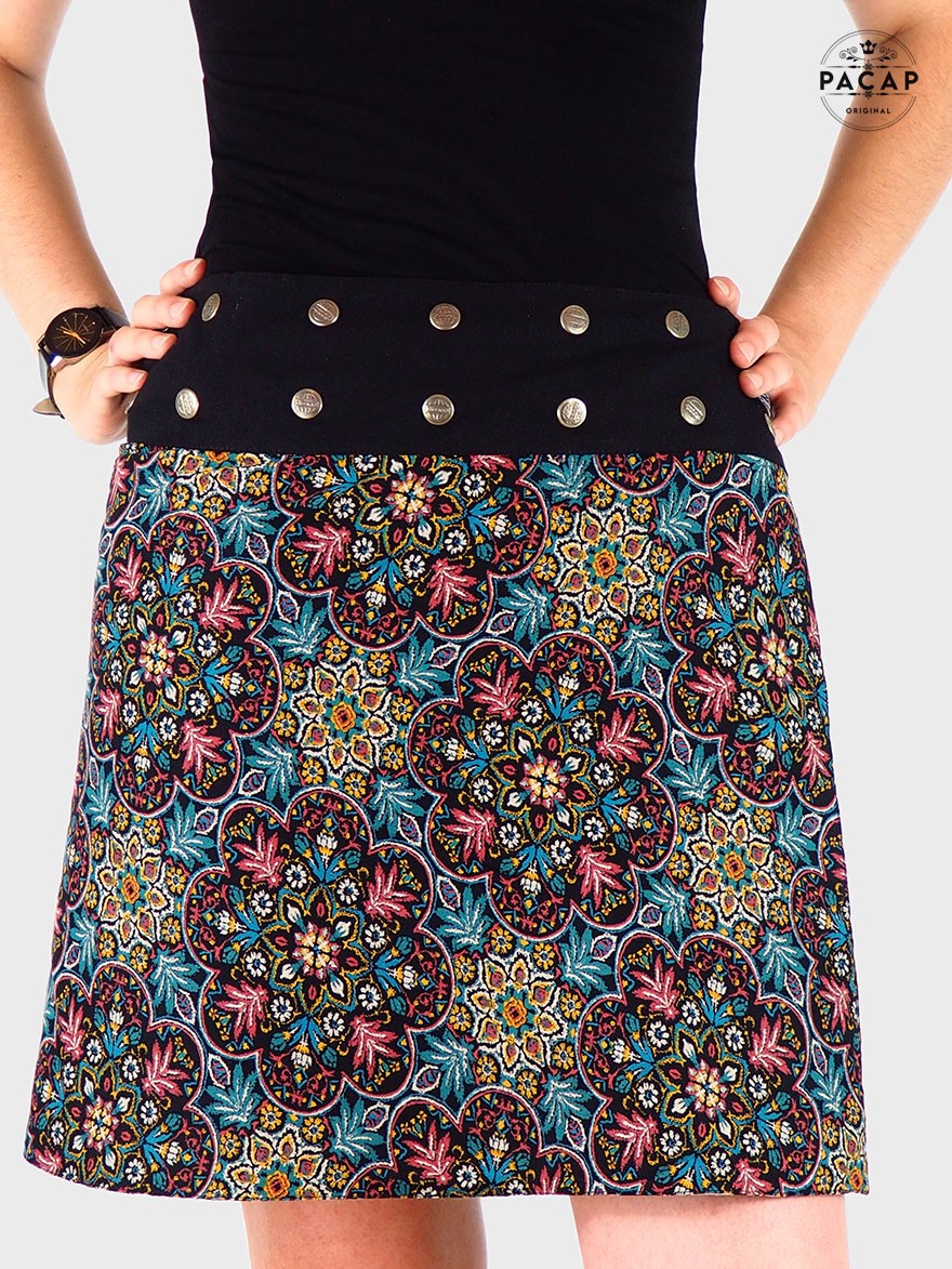 Jupe rayonne à bouton pression motif bohème florale, ceinture boutonnée devant, jupe été à fleurs pour femme