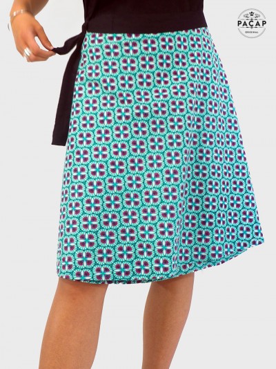 jupe portefeuille femme à fleurs, jupe verte avec liens à nouer, jupe multi-taille d'été, jupe coton colorée