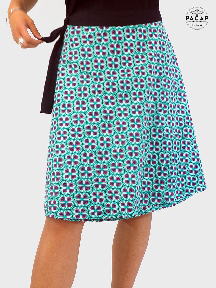 jupe portefeuille femme à fleurs, jupe verte avec liens à nouer, jupe multi-taille d'été, jupe coton colorée