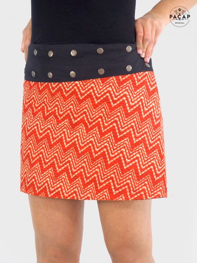 mini jupe portefeuille motif chevrons zigzag rouge et orange, jupe courte femme réversible
