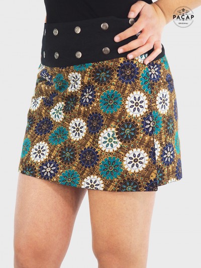 mini jupe mandala marron réversible collection été femme jupe portefeuille coton boutonnée