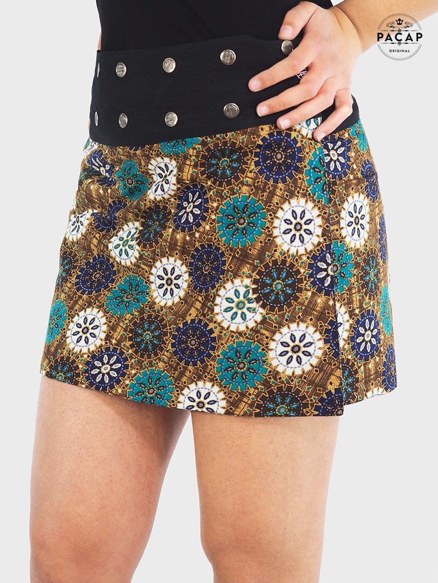 mini jupe mandala marron réversible collection été femme jupe portefeuille coton boutonnée