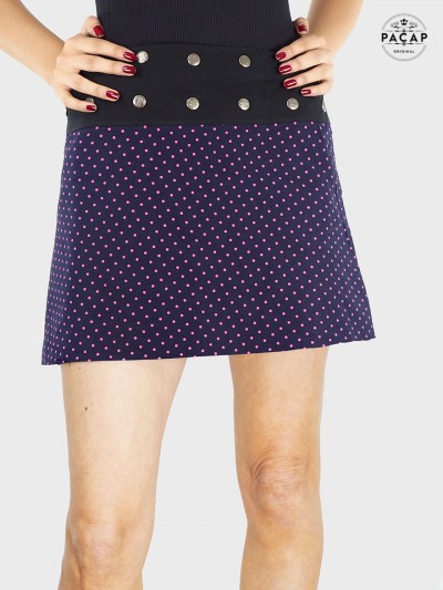 jupe courte bleue à pois blancs