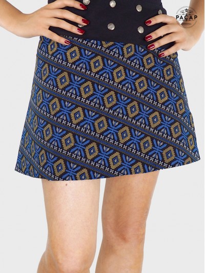 jupe ethnique bleue motif tribal aztèque , mini jupe reversible