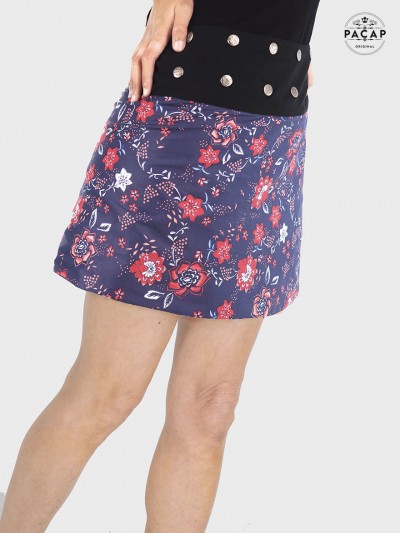 jupe patineuse bleue a fleurs rouge