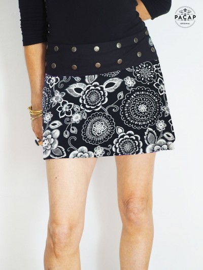 Jupe noire femme, jupe à fleurs blanche, mini jupe à boutons pressions, jupe courte, jupe d'été femme