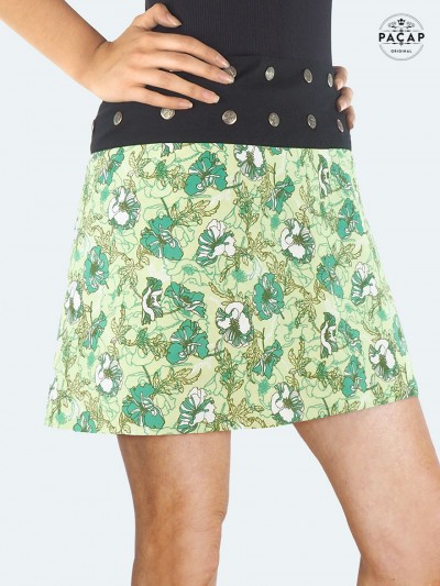 Jupe verte imprimé fleurs ceinture bouton pression taille haute