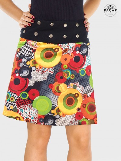 jupe été femme multicolore, jupe ethnique coton motif psychédélique, jupe portefeuille boutonnée, jupe fendue