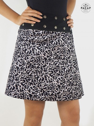 jupe réversible noire et blanche, jupe été femme, jupe portefeuille évasée multi taille, jupe genoux femme, jupe coton